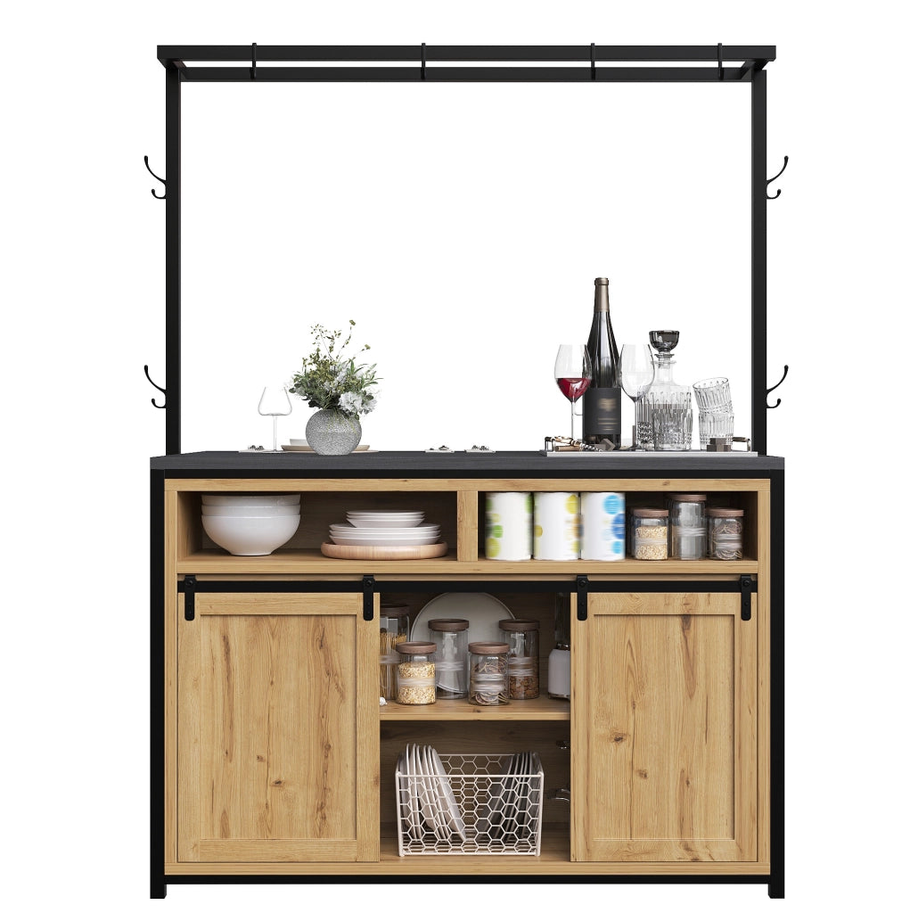 Credenza cucina con piano d’appoggio, prese integrate e ripiano a parete 107x62x183 cm in MDF e metallo