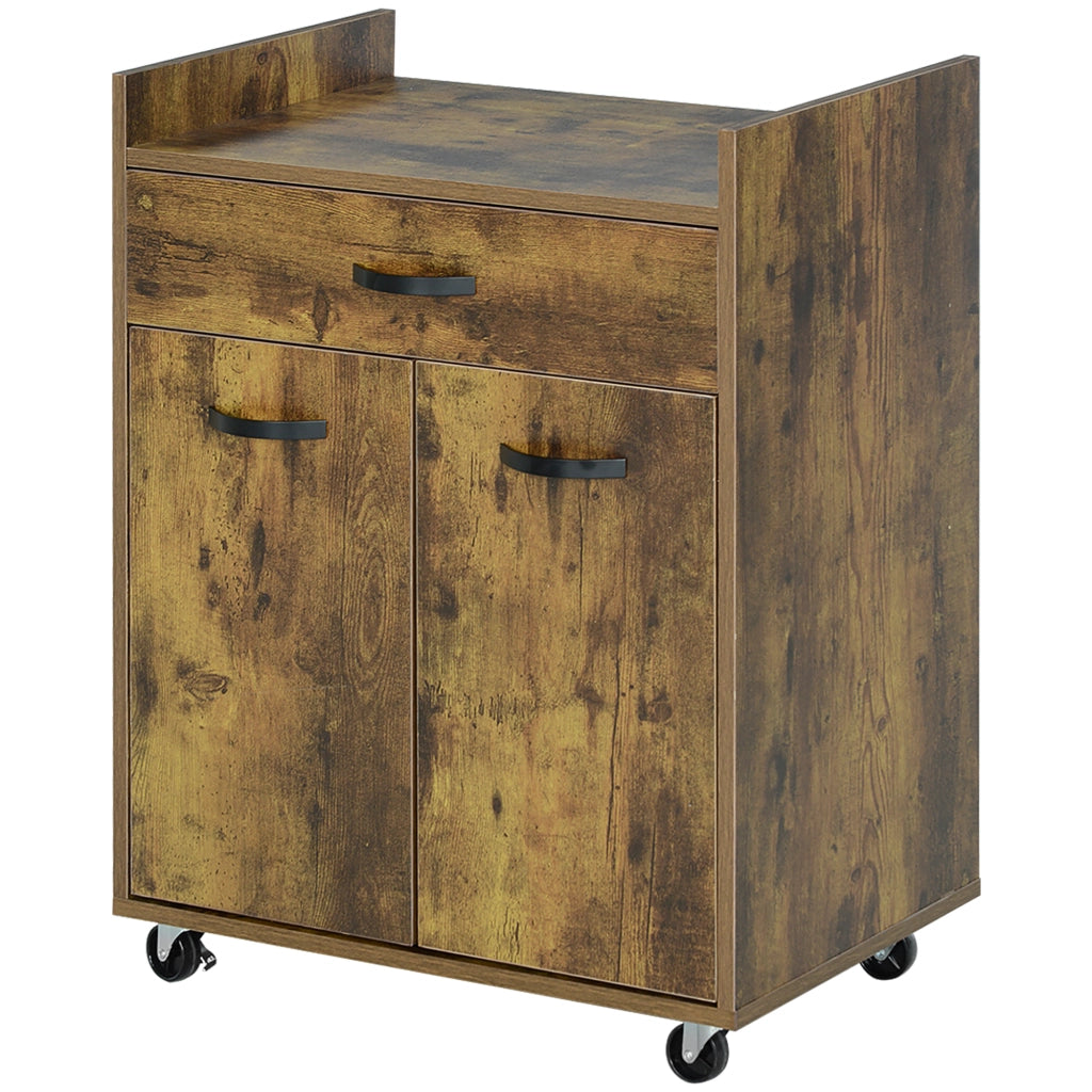 Carrello da Cucina con Cassetto, Armadietto e 4 Ruote in Legno, 60x40x77cm, Marrone Rustico