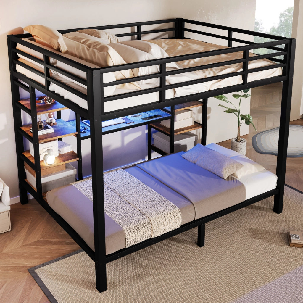 Letto a castello 140×200 cm e 90×200 cm con USB; Type-C; LED e ripiani; senza materasso; metallo; nero