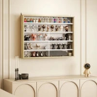 Bacheca Portaoggetti a 4 Ripiani Regolabili in Legno con Ante in Vetro, 80x9.5x60 cm, Bianco e color Legno