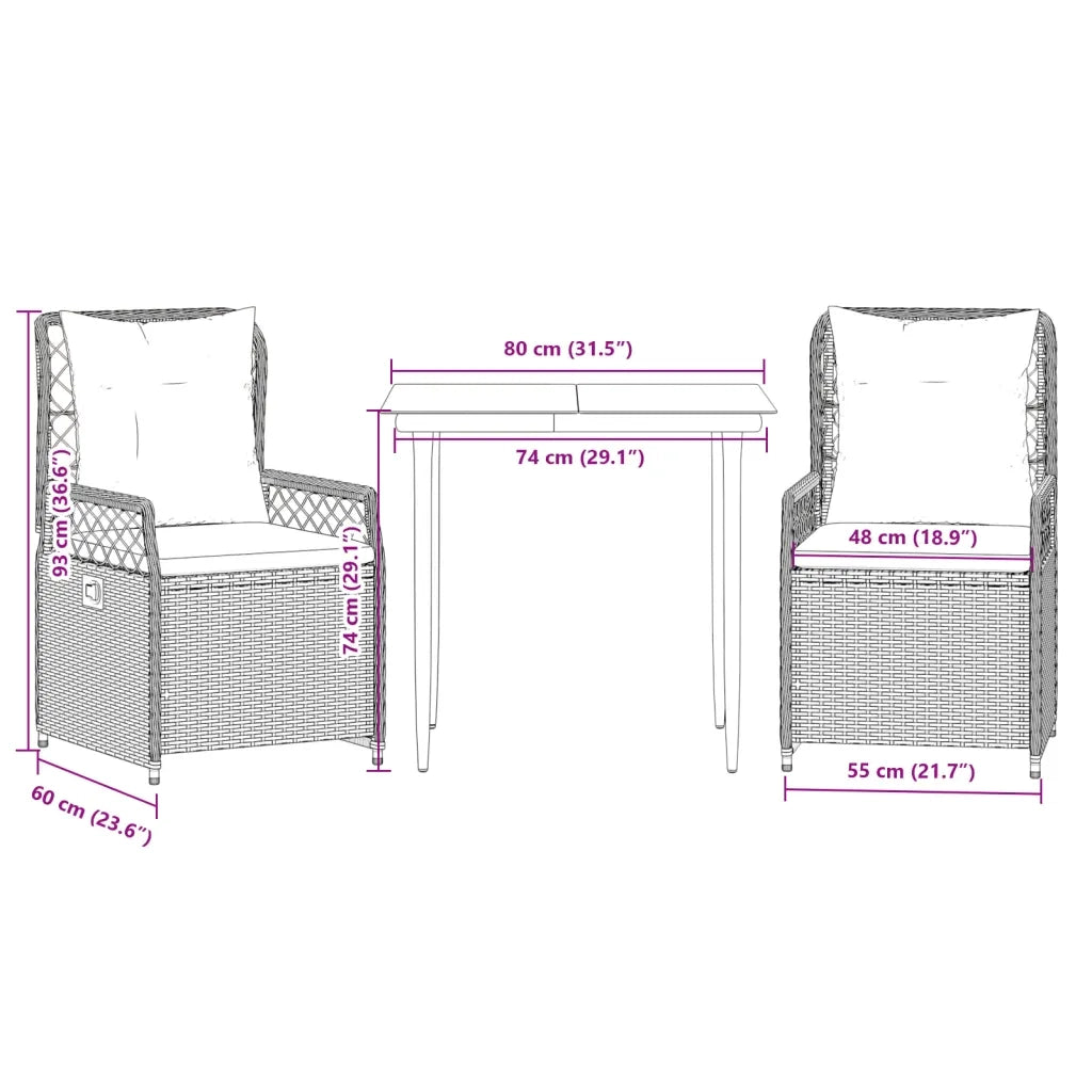 Set da Pranzo da Giardino 3 pz | Set Salotto da Giardino con Cuscini Nero in Polyrattan