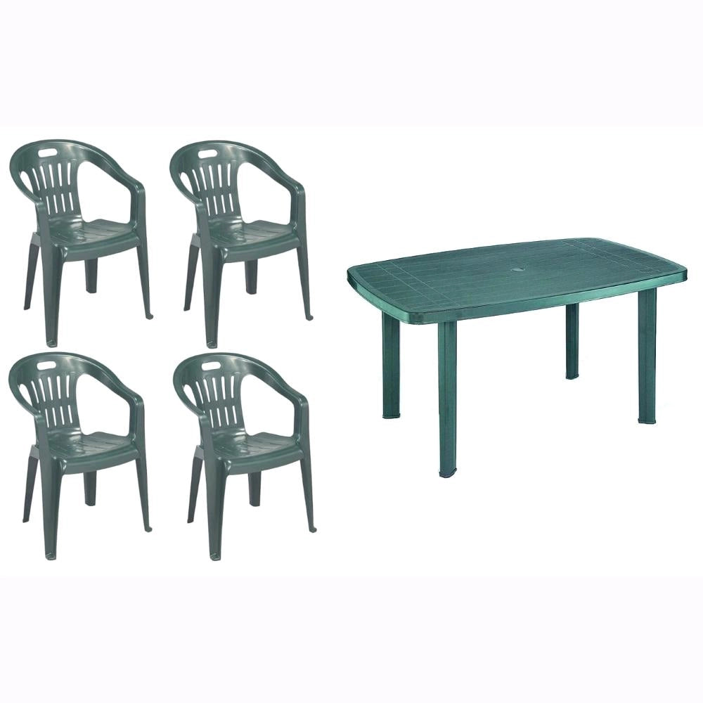 Set 4 Sedie impilabili + Tavolo in Polipropilene da Giardino Colore Verde Mod. Lido
