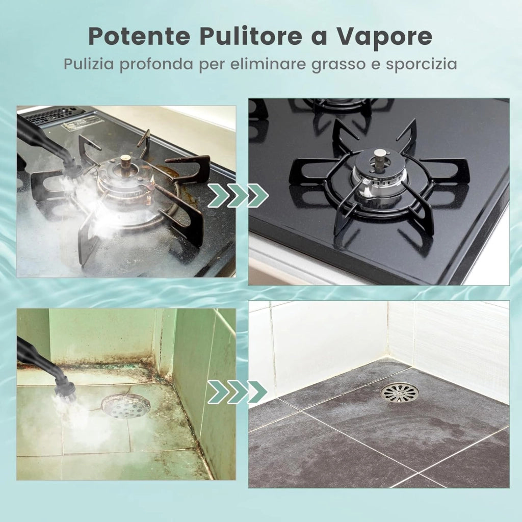 1500W Pulitore a Vapore Portatile, Macchina a Vapore con Serbatoio d'Acqua da 400 ml Blocco per Bambini e Kit di Accessori da 14 Pezzi, 33x13x24,5 cm (Grigio)