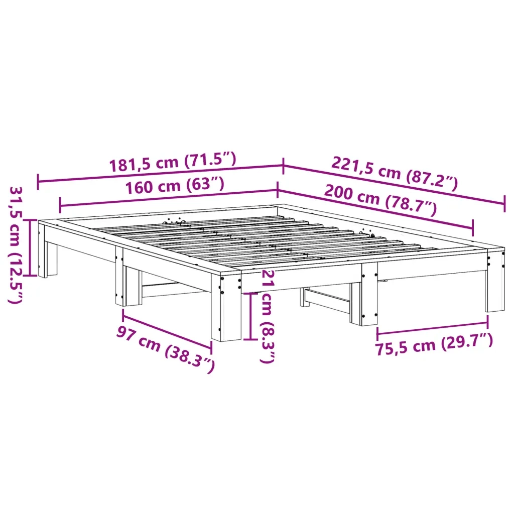 Letto senza Materasso-Struttura Letto Bianco 160x200 cm Legno Massello di Pino 251878