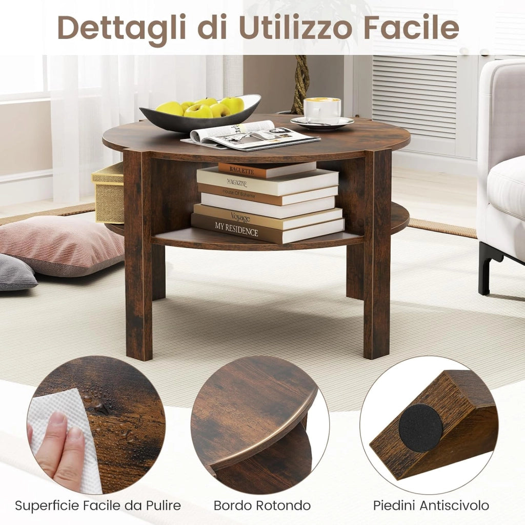 Tavolino da Caffè Rotondo con Ripiano Diviso a 4, Tavolino Basso in Legno Moderno, Tavolo per Salotto, Soggiorno e Cameretta, 74,5 x 74,5 x 45,5 cm (Marrone)