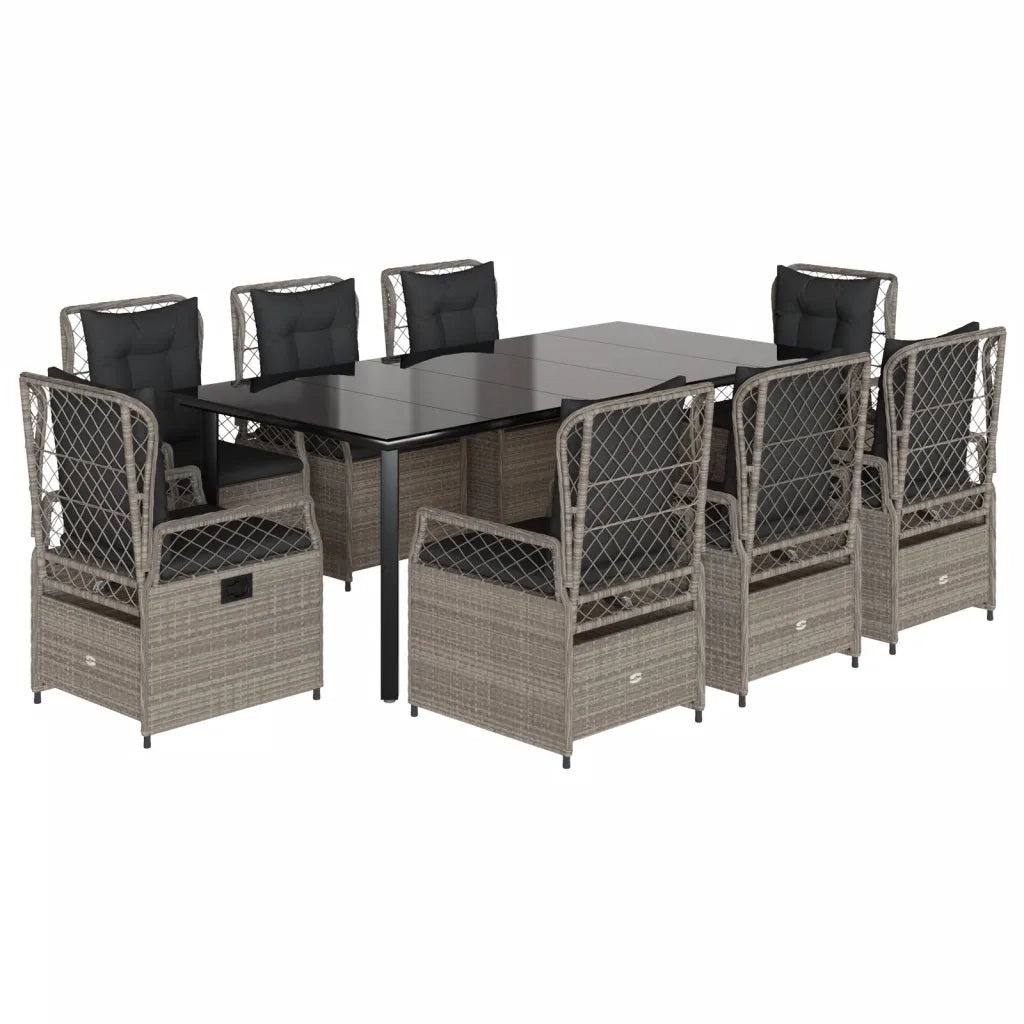 Set Pranzo da Giardino 9pz con Cuscini Grigio Chiaro Polyrattan