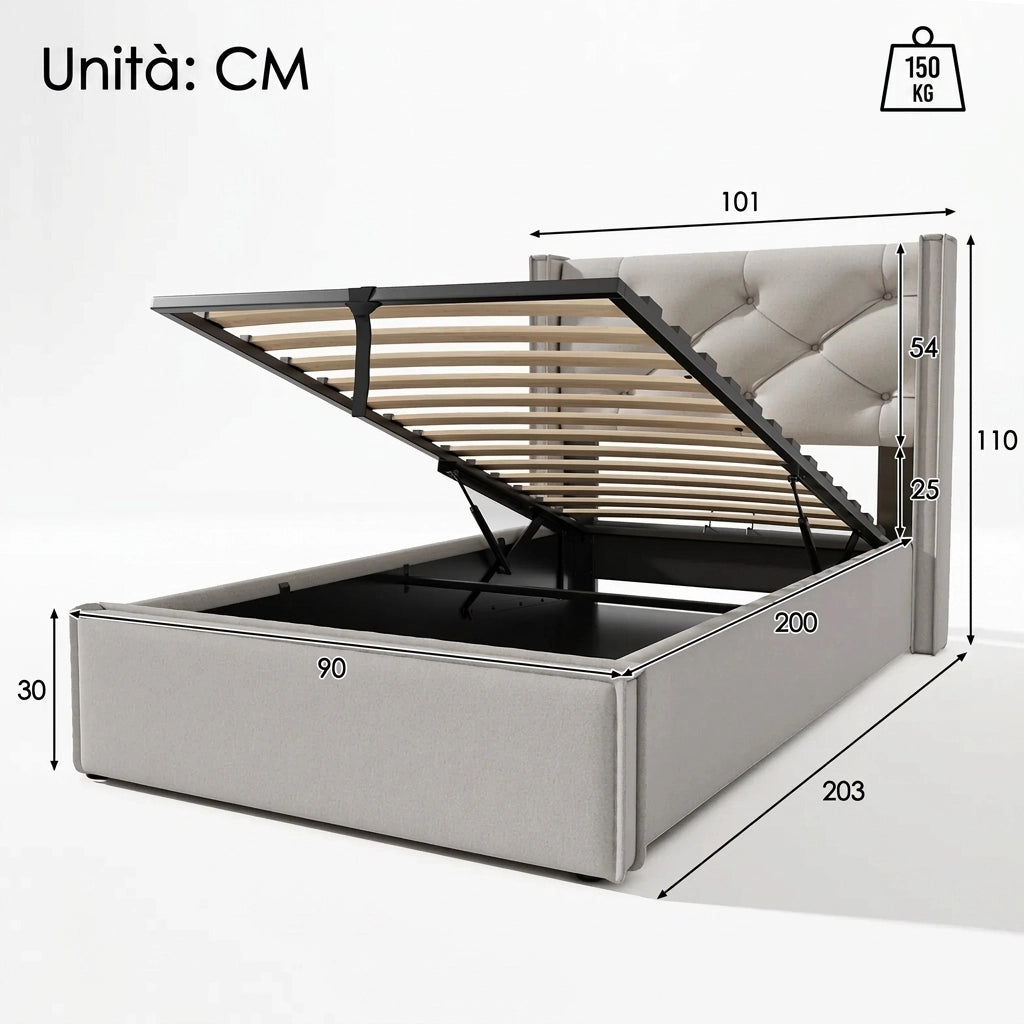 Letto Singolo con Contenitore 90x200; Letto Imbottito Grigio Chiaro in Cotone e Metallo
