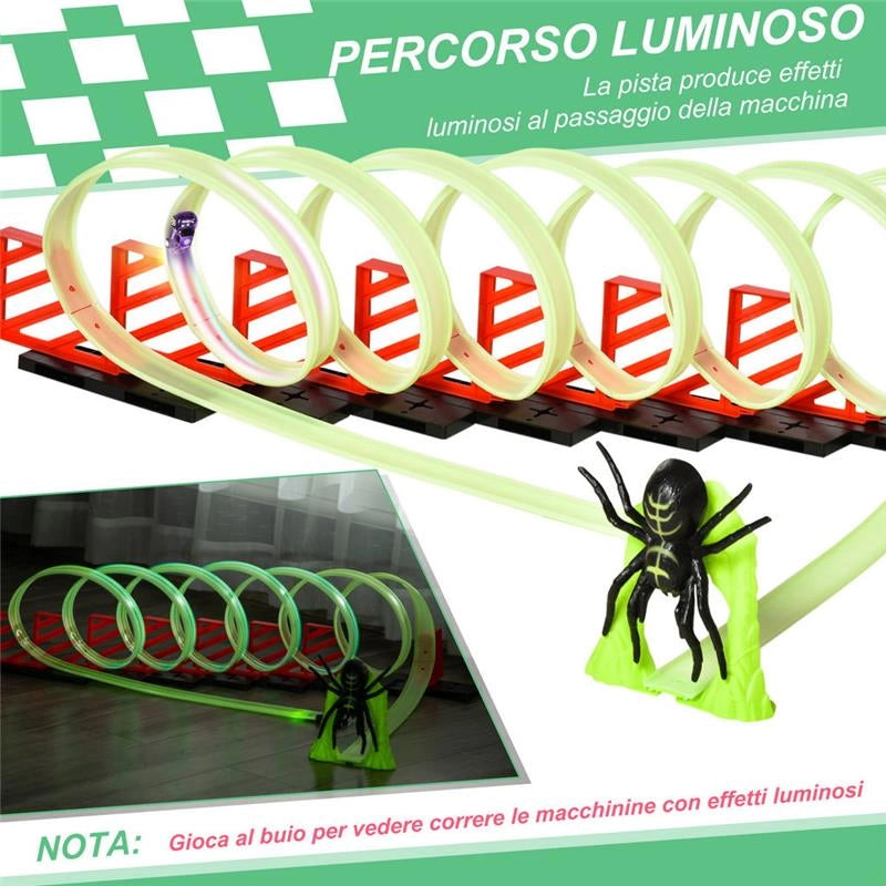 PISTA PER MACCHININE CON EFFETTI LUMINOSI E AUTOMOBILINA, PER BAMBINI