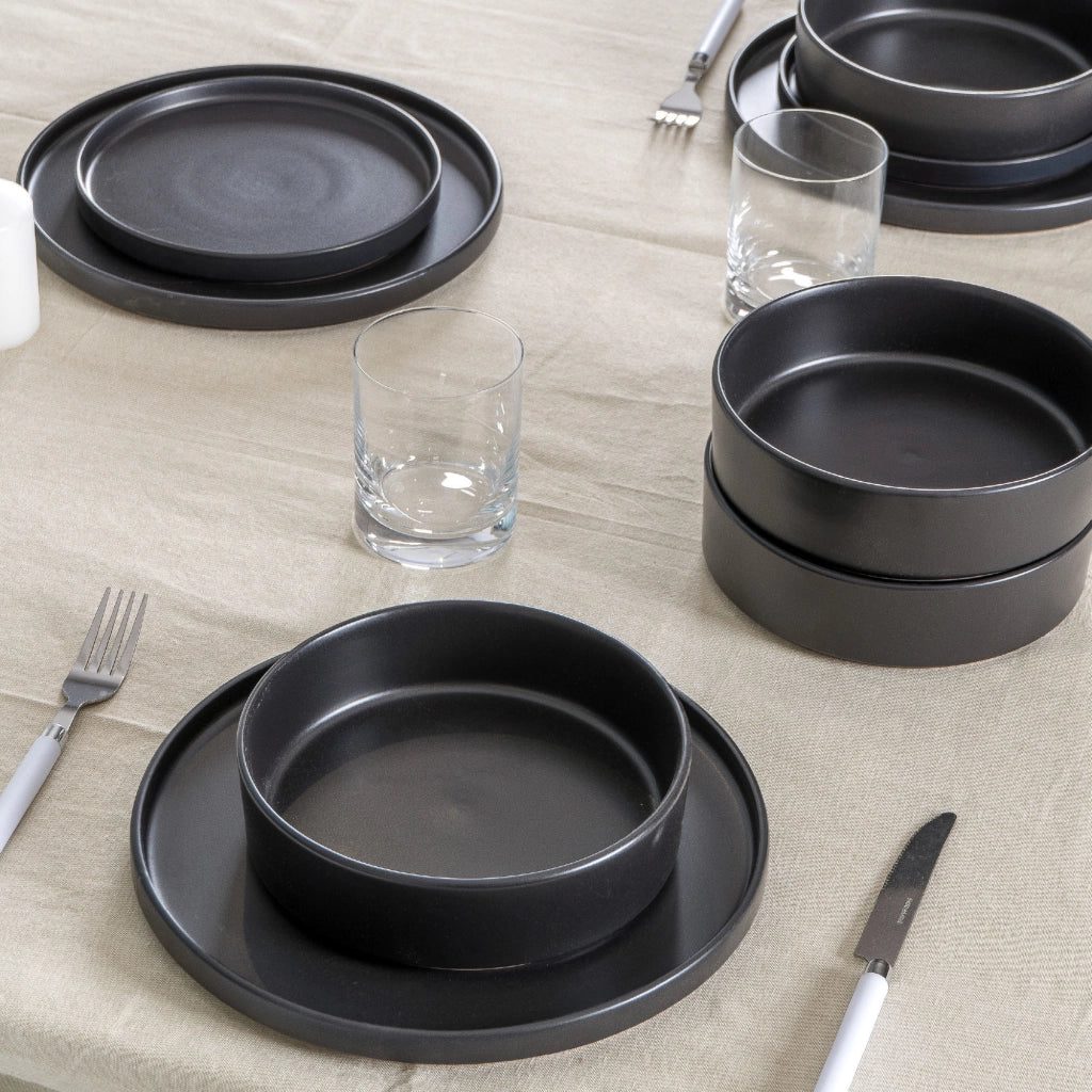 Set 18 Piatti in Porcellana Colorati Servizio Tavola Moderno 6 Persone Piatti Piani Ø27 cm, Fondi Ø20 cm e Dessert Ø19 cm Lavastoviglie e Microonde Certificati per Contatto Alimentare Nero