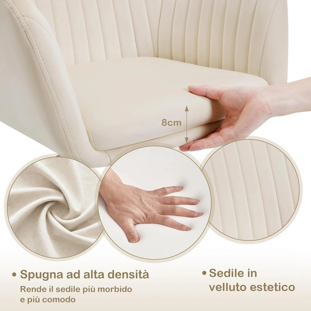 Poltrona Ergonomica da Ufficio, Sedia da Toeletta Girevole, in Velluto Imbottita, Regolabile in Altezza per Ufficio e Camera da Letto, Crema