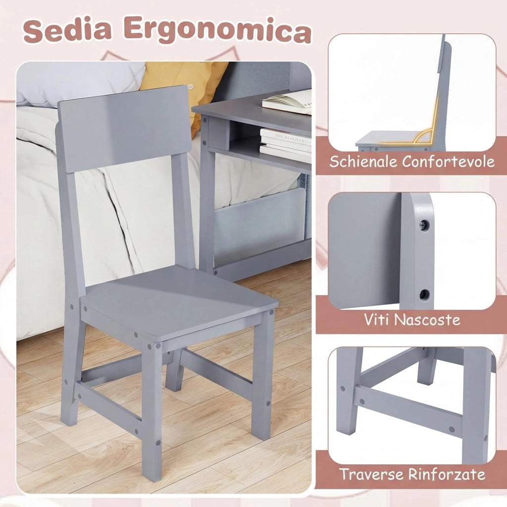 Set Scrivania e Sedia per Bambini, Tavolo per Studenti in Legno con Bacheca in Sughero, Cassetto, Pensile con Ripiani Aperti, Postazione Computer per Bambini per Studio e Lettura (Grigio)