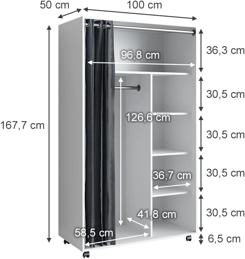 Armadio multifunzione Doros, Bianco, 100 x 168 cm Con rulli, per la conservazione flessibile di abbigliamento e accessori