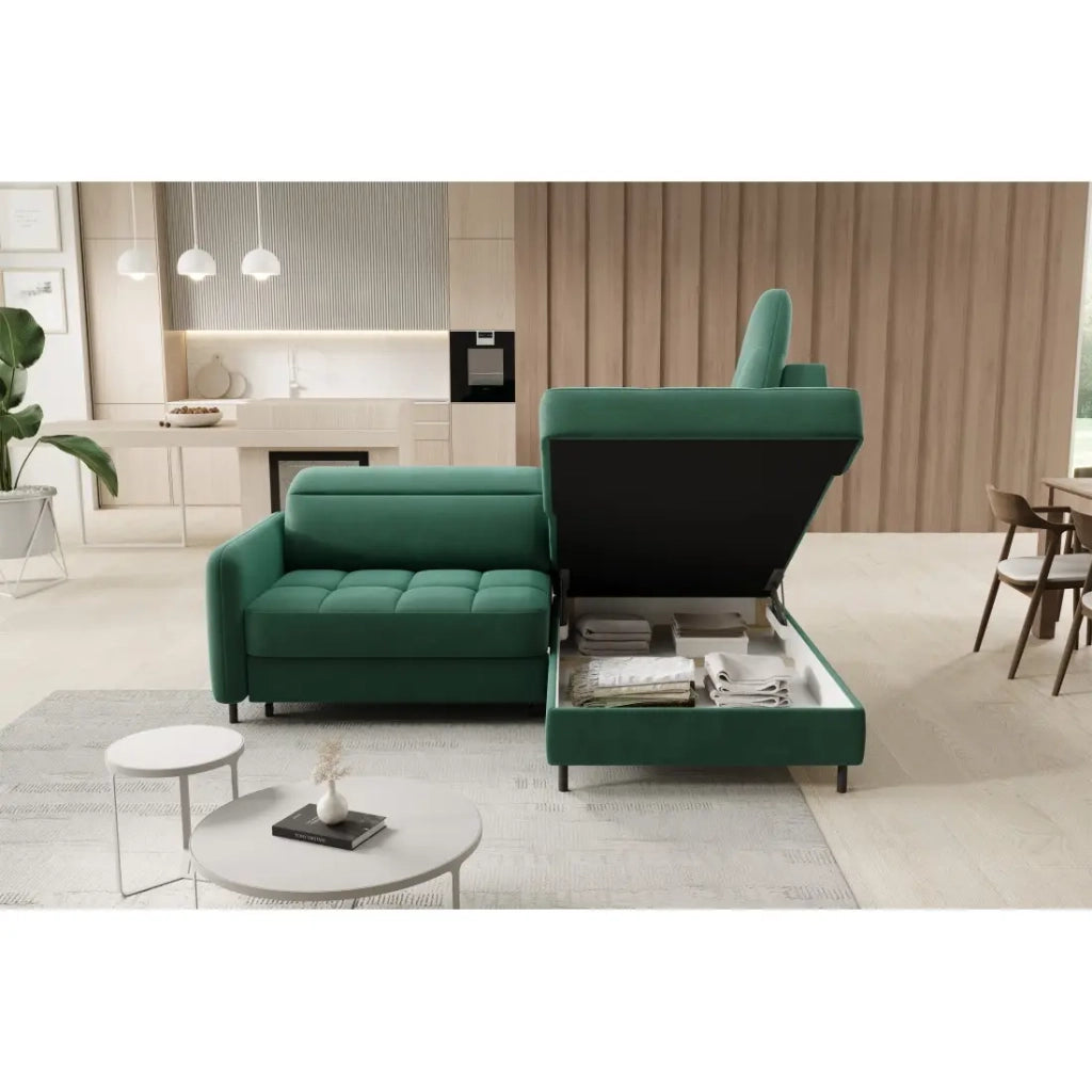 Divano angolare destro convertibile BARNEA 208 cm verde scuro con contenitore