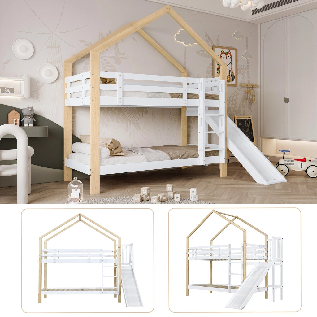 Letto a Castello 90x200 cm con Scivolo e Scala a 3 Gradini in Legno Bianco Naturale