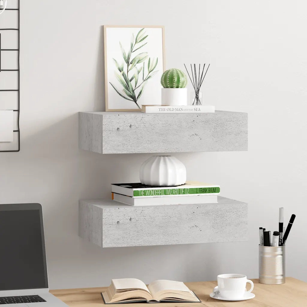 2 pz Mensola | Scaffali con Cassetti Grigio Cemento 40x23,5x10 cm in MDF
