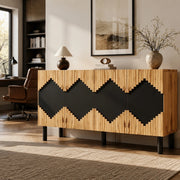 Credenza 140x40x70 cm a 2 ante push-open in MDF e truciolare naturale e nera