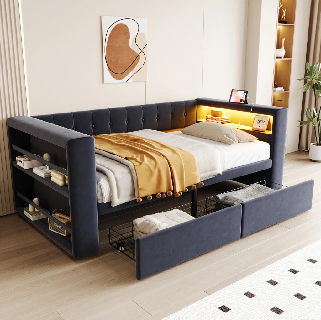 Divano letto multifunzionale 90x190 cm con LED; prese e contenitore; grigio scuro
