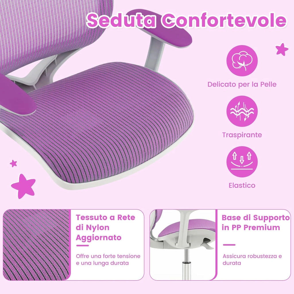 Sedia da Scrivania Girevole per Bambini (Viola, Ruote Ordinarie) | con Altezza Regolabile, 5 Ruote, Braccioli Morbidi, Mobile Ergonomica per Bambini 6-15 Anni