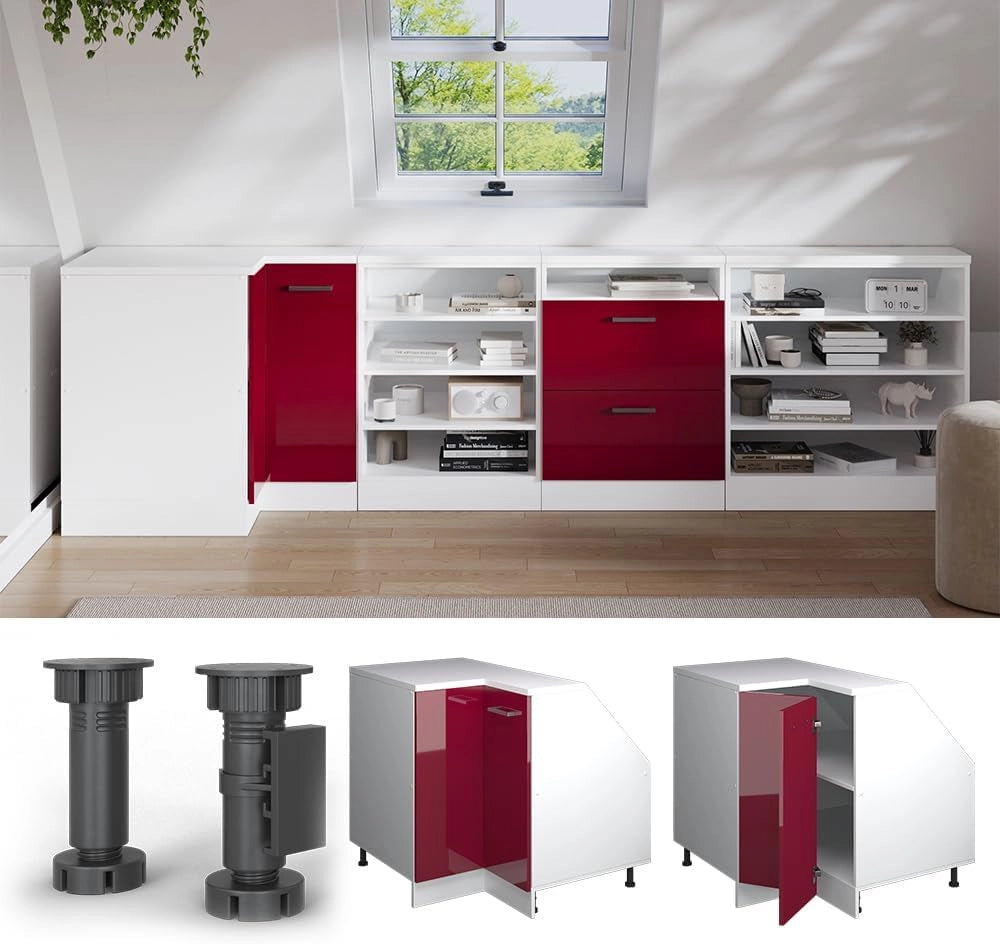 Mobile sottotetto Mobile angolare Rion, Rosso lucido, 75.6 x 81.6 cm con 1 porta, carcassa dell’armadio profondità 60 cm, adatto per il salvaspazio sotto tetti spioventi