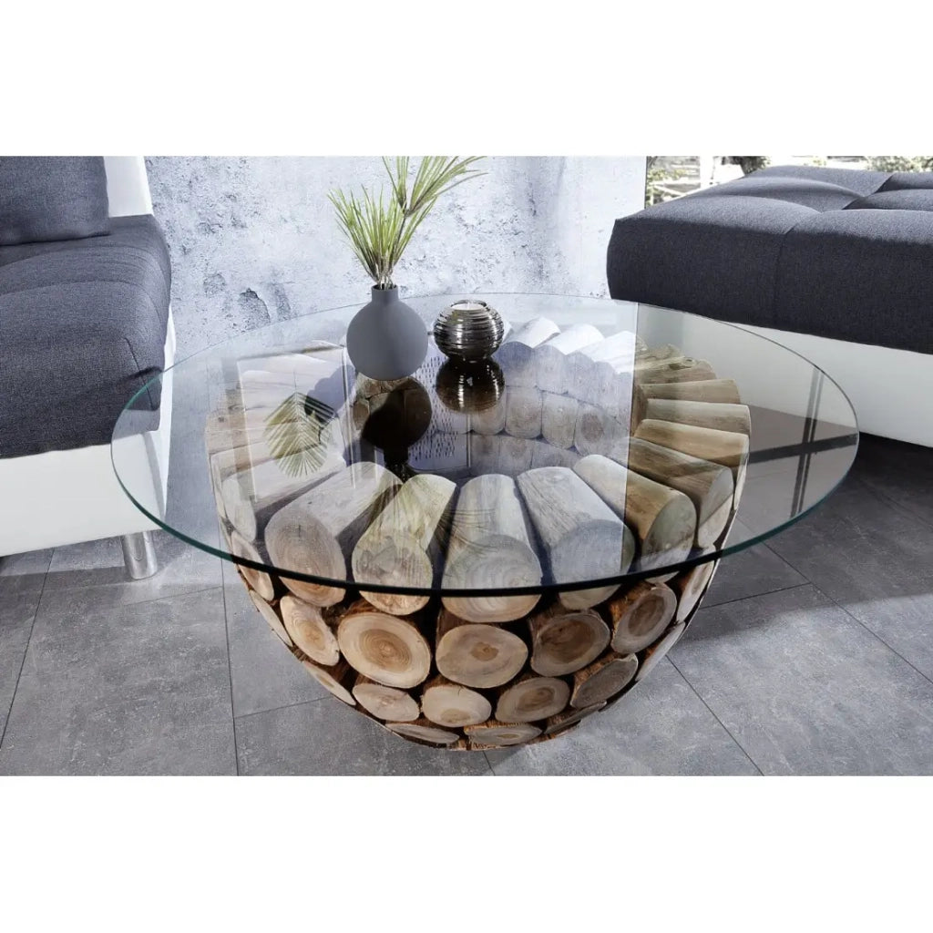 Tavolino basso ARBOREA rotondo 70 cm in legno massiccio e vetro temperato - piede centrale design in tronchetti