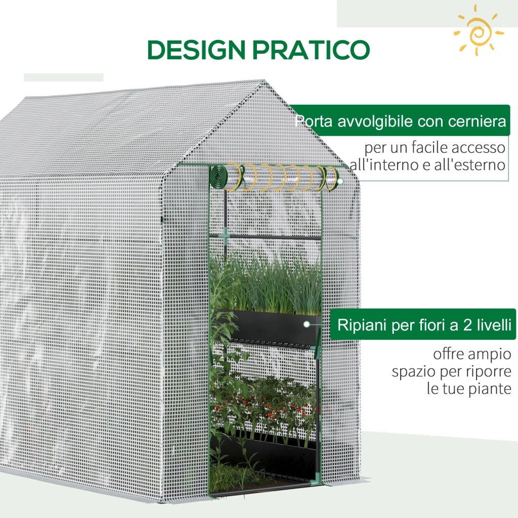 EasyComfort Serra a Casetta con Rivestimento in PE, Porta a Cerniera e 4 Ripiani, 186x120x190cm, Bianco
