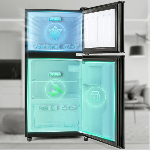 Frigorifero; doppia porta; volume totale 60L; compartimento congelatore 22L; volume di raffreddamento 38L; luce LED; efficiente energetico; nero antico
