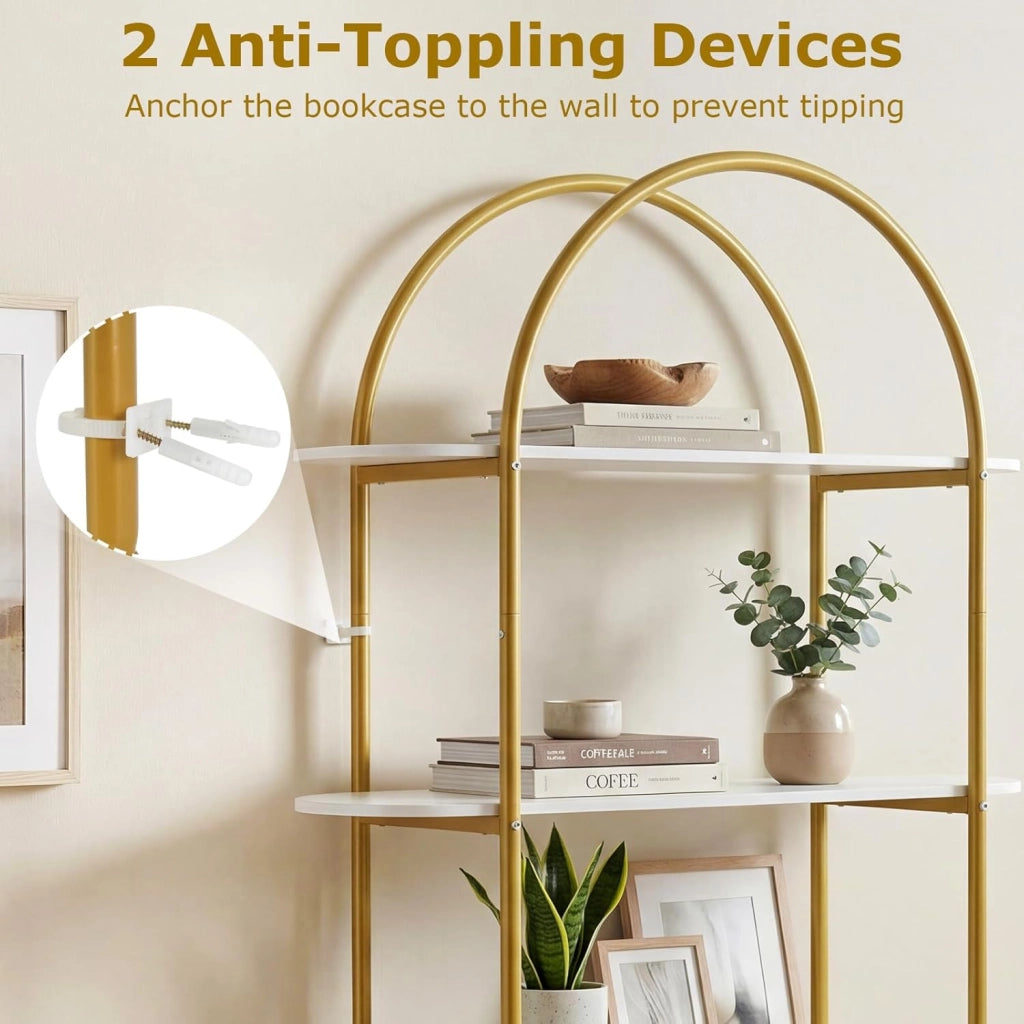 Scaffale a 4 Ripiani con Design ad Arco, Libreria con Ripiani Aperti e Telaio in Metallo, per Camera da Letto, Soggiorno e Ufficio, 95 x 34 x 156 cm (Oro E Bianco)