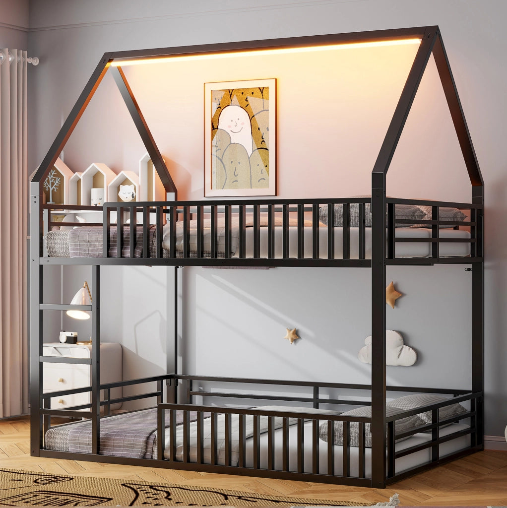 Letto a castello a forma di casa 140x200 cm in metallo nero con luce LED