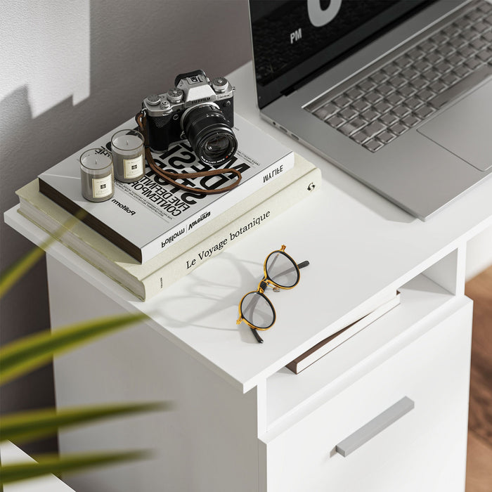 Scrivania 100x40x75 cm con 3 Cassetti e Vano a Giorno in Legno Bianco