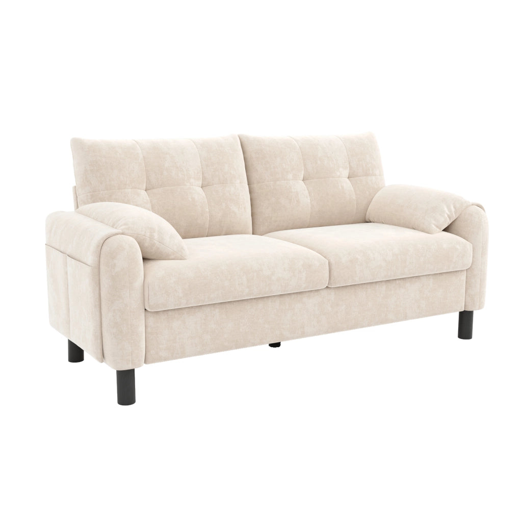 Sofa 2 posti moderno in tessuto chenille beige con cuscini spessi e tasche laterali, design scandinavo