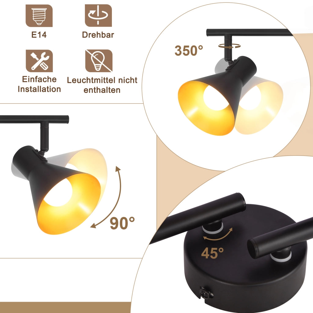 ZMH Faretto da soffitto retrò neri 4 luci E14 metallo 350° girevoli stile industriale 71 cm per soggiorno camera letto