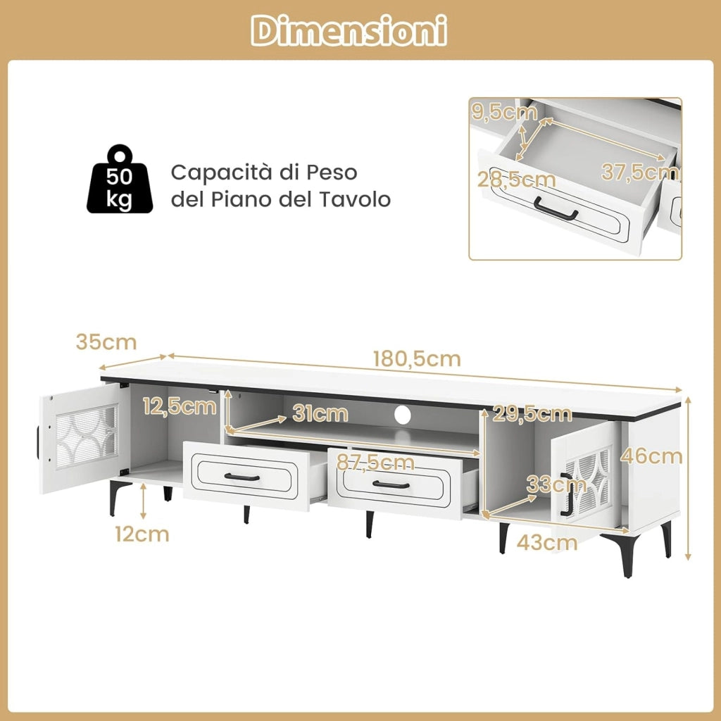 Mobile TV in Legno per Televisori Fino a 80", Mobile Porta TV 180 cm con 2 Cassetti, 2 Armadi e Scomparto, 7 Gambe Metalliche Rialzate, Consolle Media per Soggiorno (Bianco)