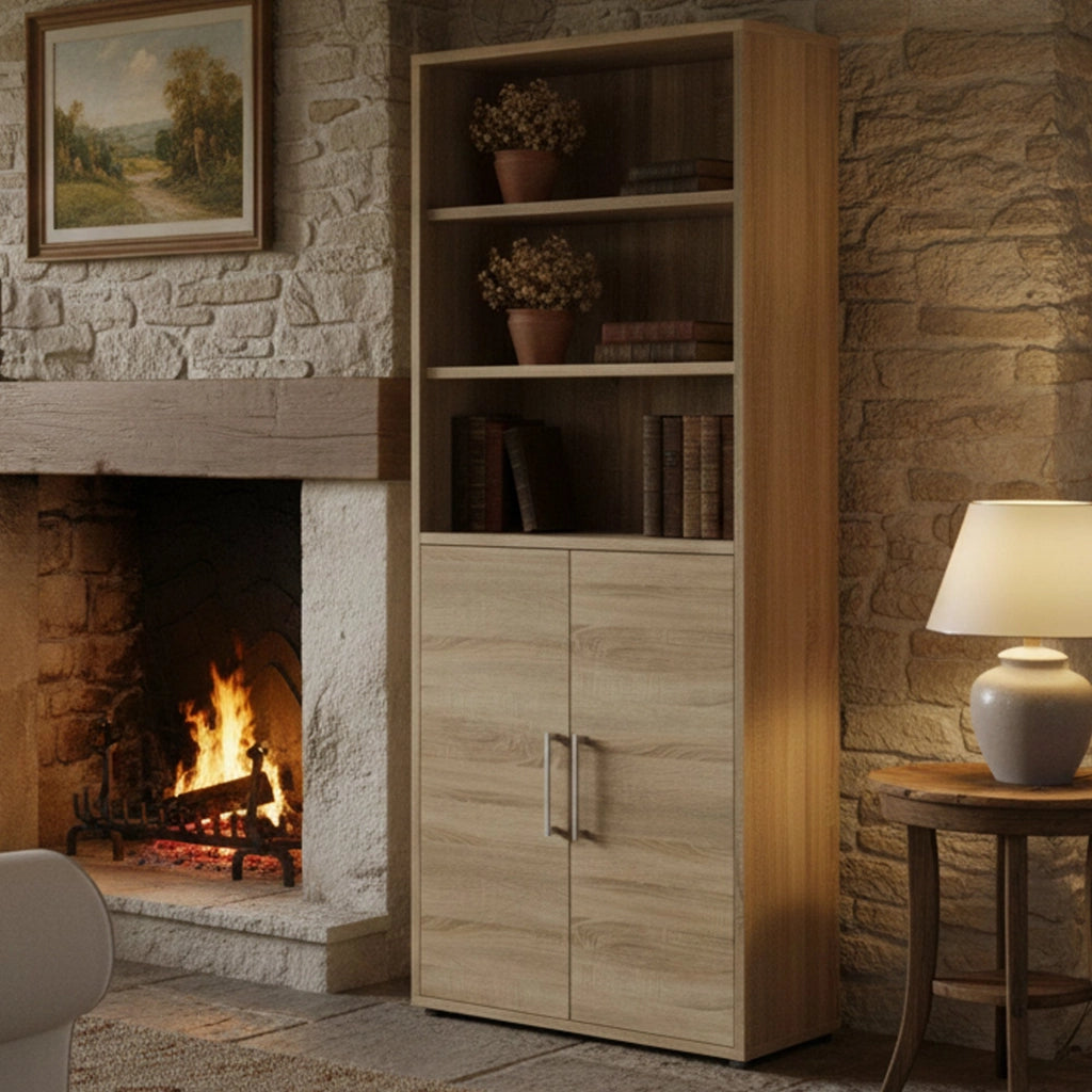 Credenza Valsesia, Buffet da soggiorno, Madia da salotto, Dispensa da cucina, 89x40 h222 cm, Quercia