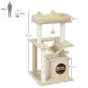 Tiragraffi per gatti multi-livello con amaca, cuccia e gioco a pallina, 48 x 48 x 90 cm, bianco crema