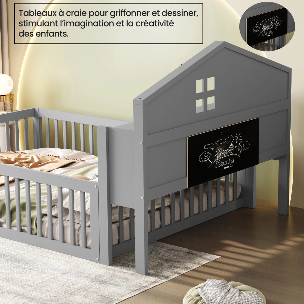 Letto per bambini 140×200 cm a casetta con ripiani e sponde di protezione; rete inclusa; senza materasso; grigio