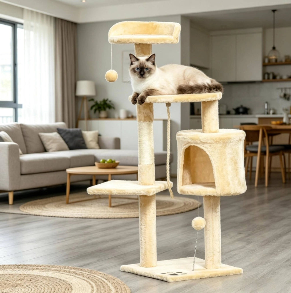 Albero tiragraffi beige 114 cm con nicchia, amaca e piattaforme