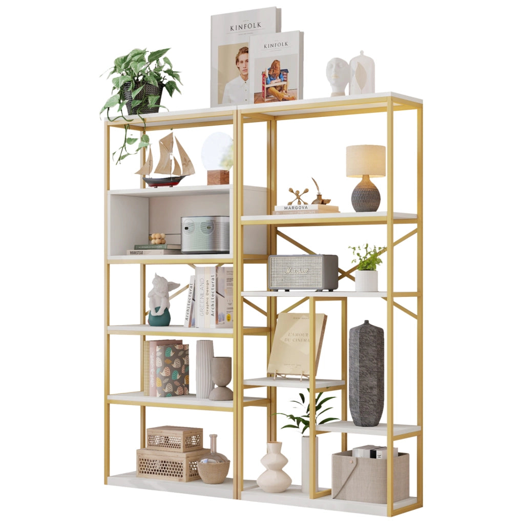 Libreria 160x29，5x180 cm in MDF e metallo oro e bianco