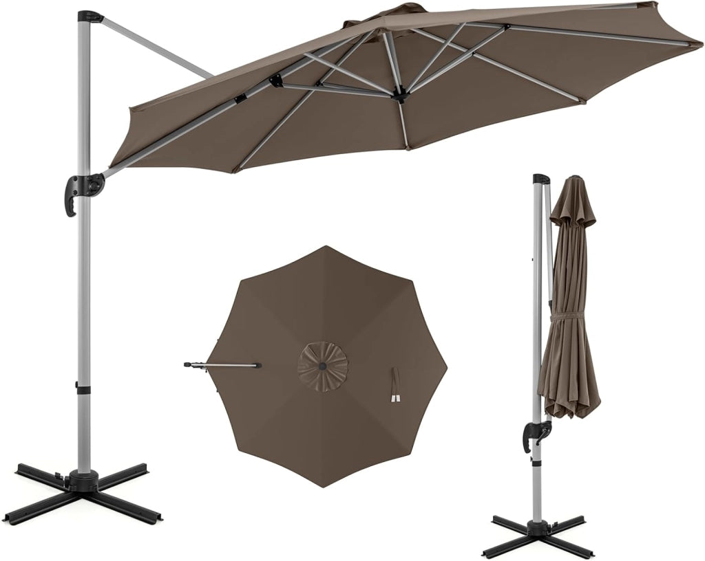 Ombrellone da Giardino 339 cm, Ombrello da Giardino Rotondo con Rotazione a 360°, Ombrellone da Giardino Inclinabile con Base, Ombrello da Sole per Giardino, Patio (Caffè)