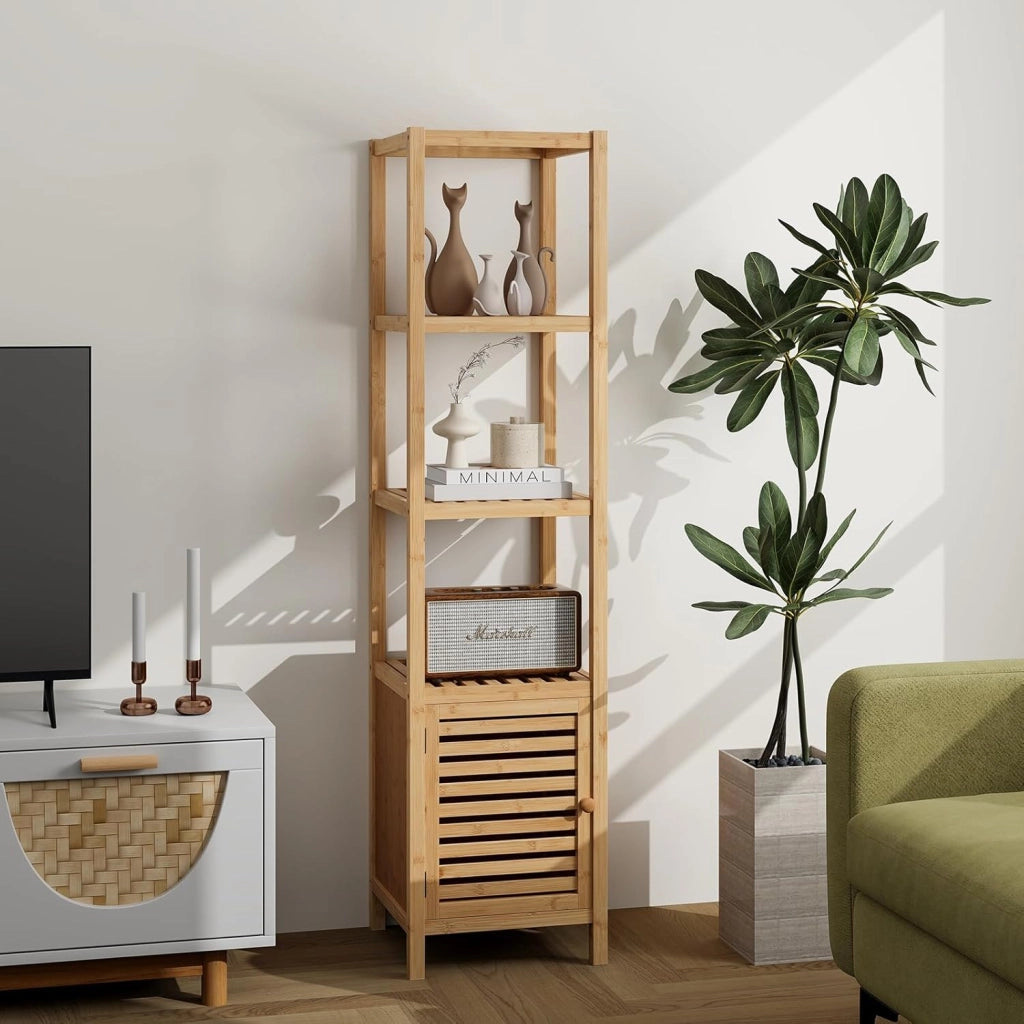 Armadio da Pavimento in Bambù, Armadietto Organizzatore Autoportante da 140 cm con Porta a Persiana e Ripiani Aperti, Torre Sottile per Bagno, Soggiorno, Cucina