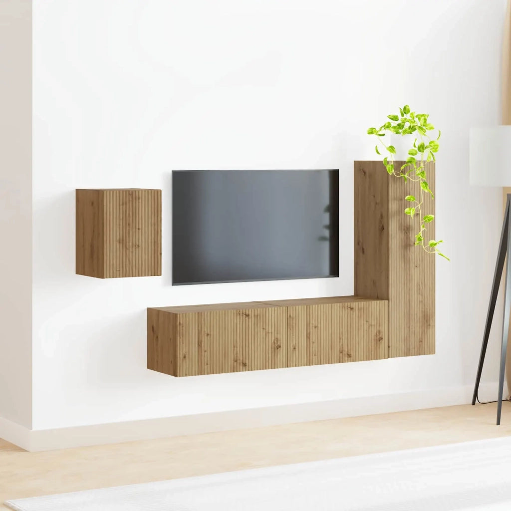 Set mobile TV 4 pz | Armadietto TV | Mobile Porta TV Rovere artigianale Legno multistrato