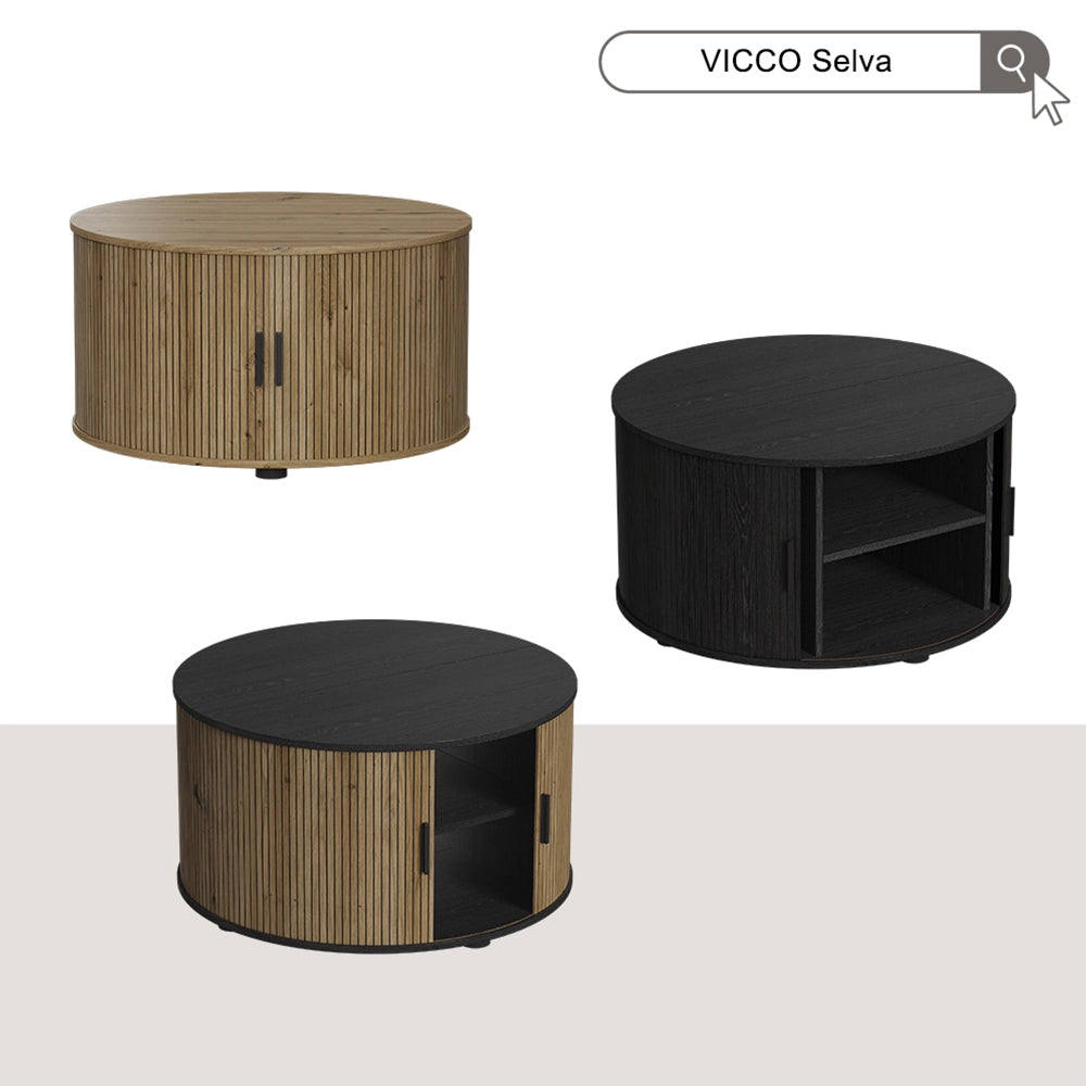 Tavolino soggiorno Selva Rovere/Nero 80 x 80 cm con porta scorrevole Vicco