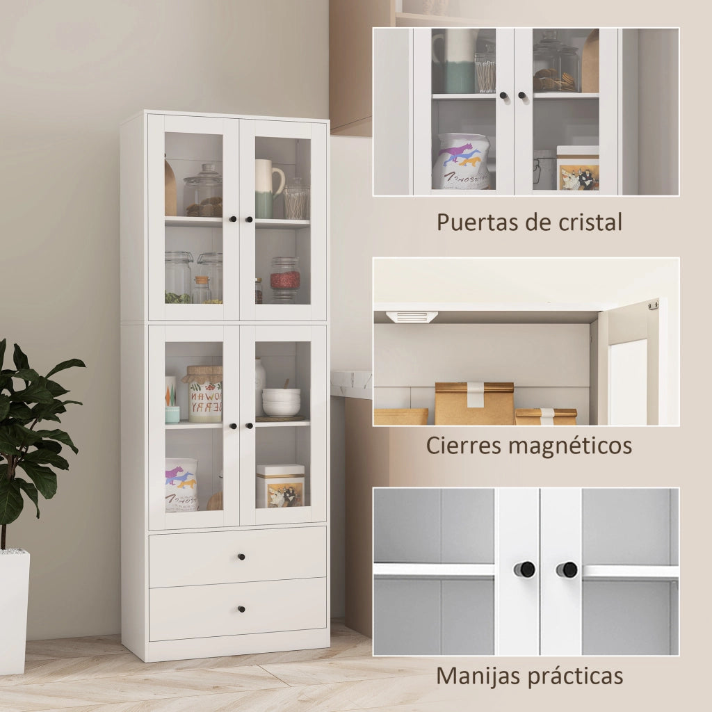 Armadio Cucina con Ante Vetrate e 2 Cassetti ¨C Zephmum ¨C 59x30x170 Bianco