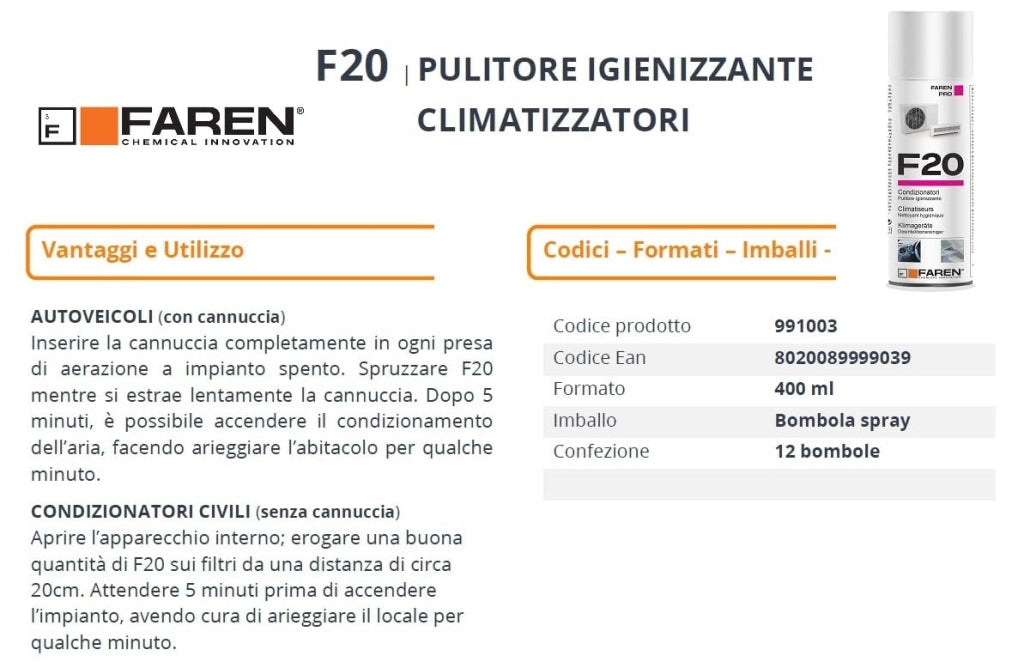 Pulitore Igienizzante per Climatizzatori F20 Faren 400 Ml