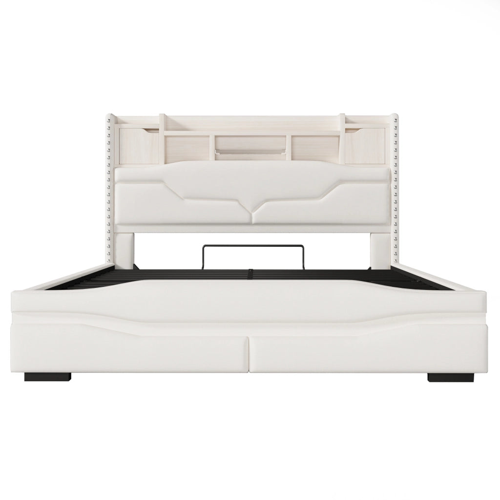 Letto imbottito ULEVR 160x200 cm con contenitore idraulico, LED, prese USB e Type-C, lino beige