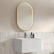 Mobile bagno sospeso bianco con lavabo integrato, cassetto e specchio LED ovale
