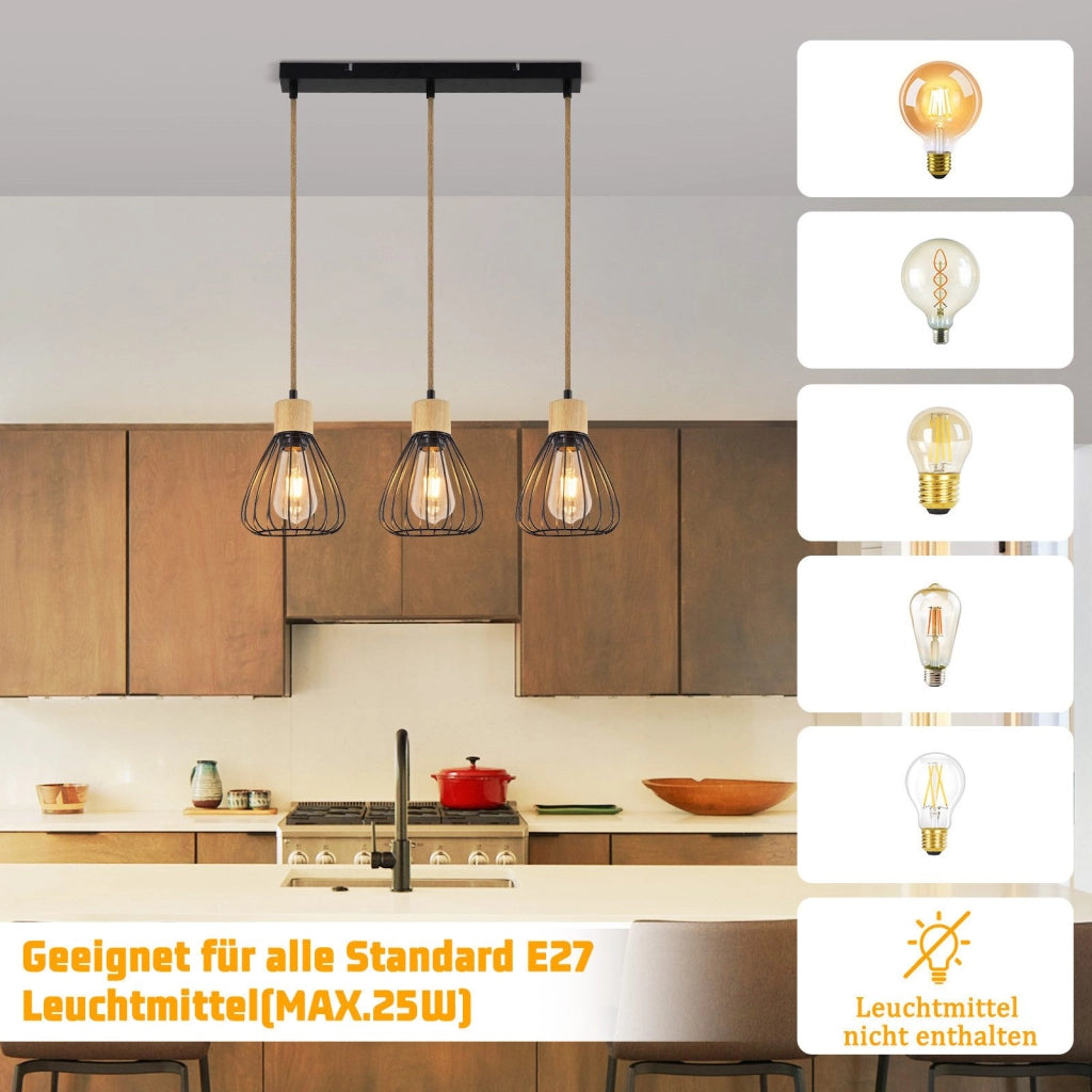 Lampada a Sospensione ZMH nera retro in corda di canapa e legno E27 per sala da pranzo e scala