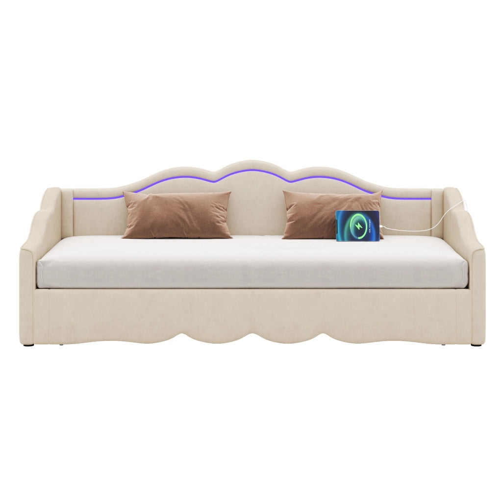 Letto estraibile 90x200 cm in velluto beige con luci LED, porte USB e TYPE-C, trasformabile in 180x200 cm