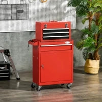 DURHAND Carrello Porta Attrezzi 2 in 1 con Cassetta Rimovibile e Armadietto con Chiave in Acciaio, Rosso