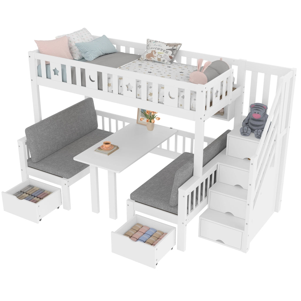Letto a soppalco multifunzionale 90x200 cm con scrivania pieghevole e scala contenitore