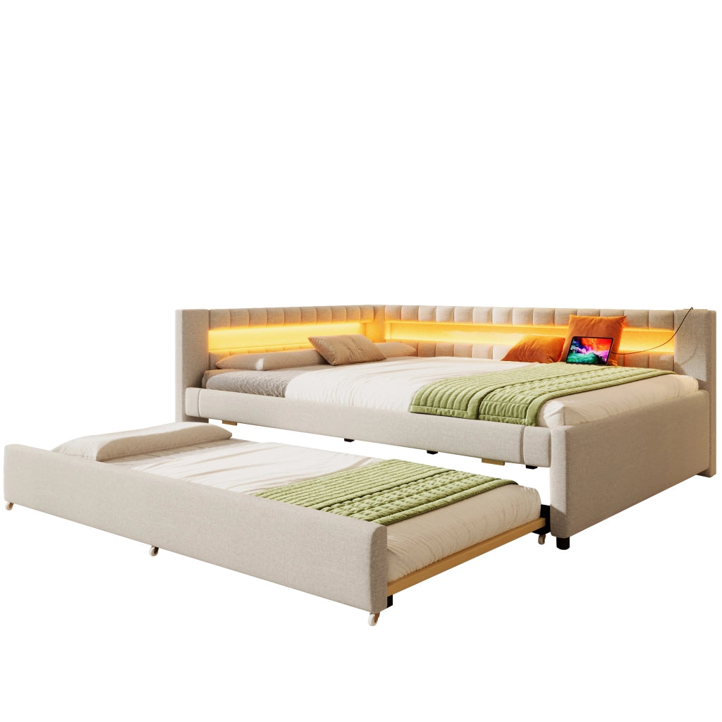 Daybed in lino beige 140x200 con LED telecomandato e letto estraibile USB/Type-C